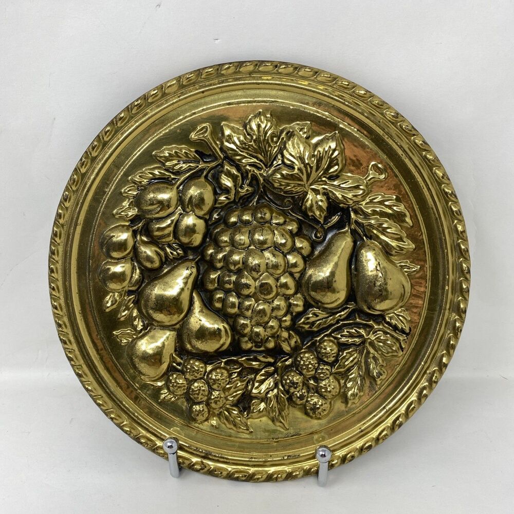 Vintage Embossed Brass Wall Plate Fruit Grapes Pears Made In England 8 Inch